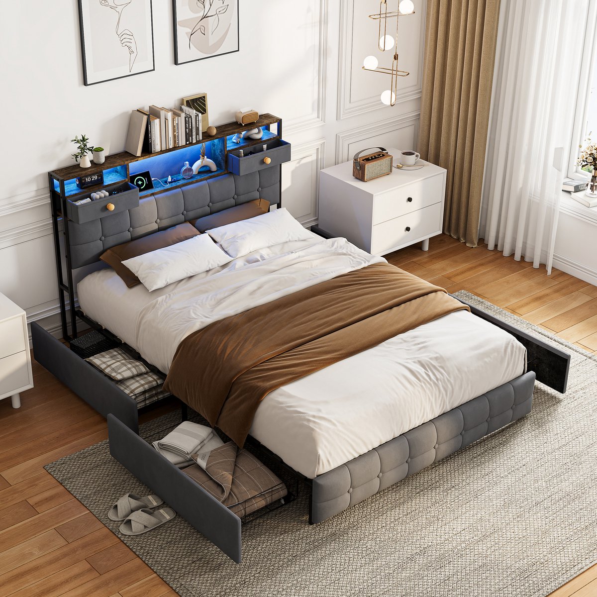 Volwassen bed 140x200 cm, tweepersoonsbed met led verlichting en opbergruimte, fluwelen gestoffeerd bed met 4 lades en hoofdbord met 2 opberglades, grijs, zonder matras