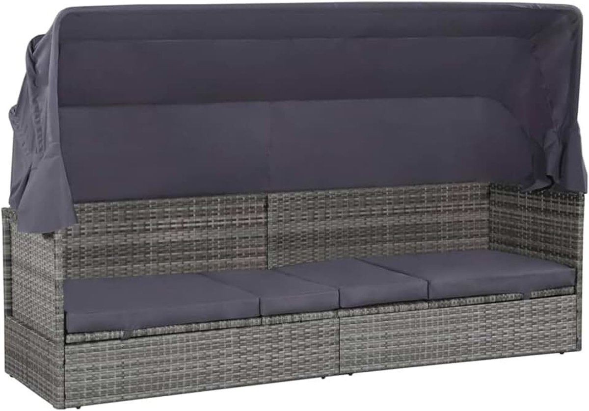 Tuinbed met luifel, zonnebed, ligbed, lounge, tuinbed, sofa, tuinmeubelen, ligstoel, relaxstoel, tuinbank, instelbaar ligvlak, grijs, 205 x 62 cm, polyrotan