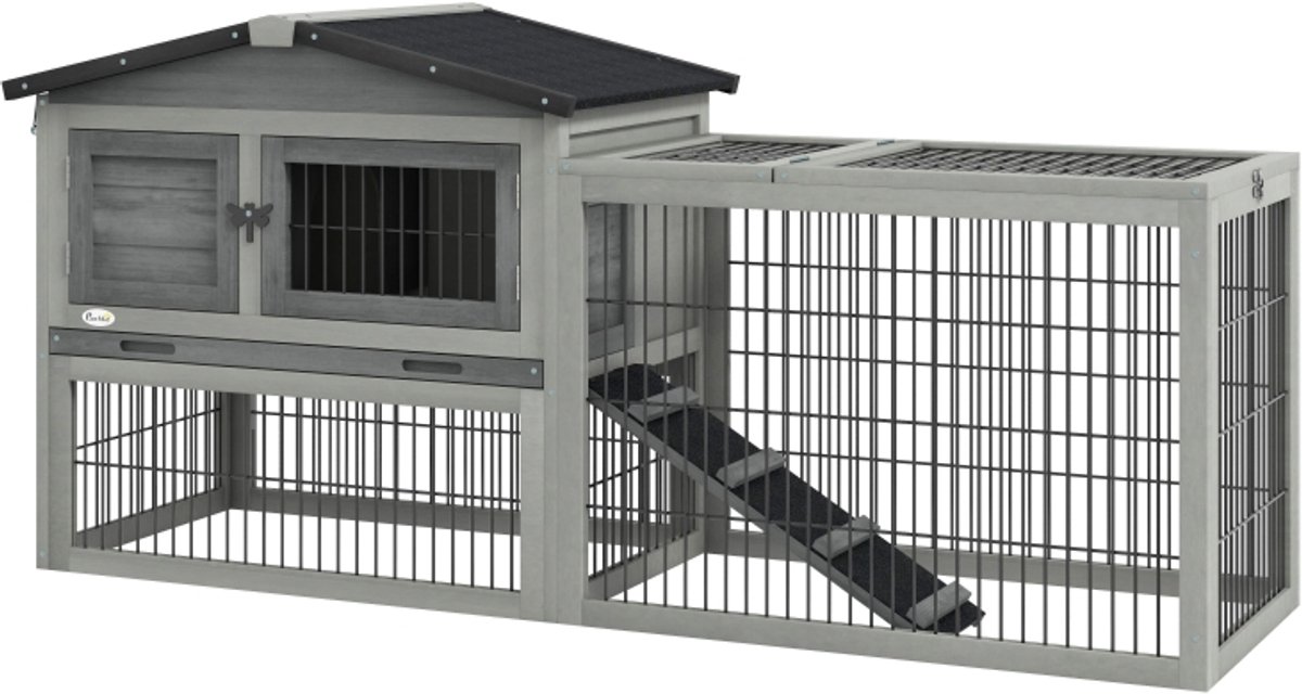 Konijnenhok 150×52×68 cm grijs hout klein dierenverblijf met metalen ren vrije speelruimte dubbele structuur waterdicht dak te openen bovenklep eenvoudig te reinigen geschikt voor konijnen en cavia's