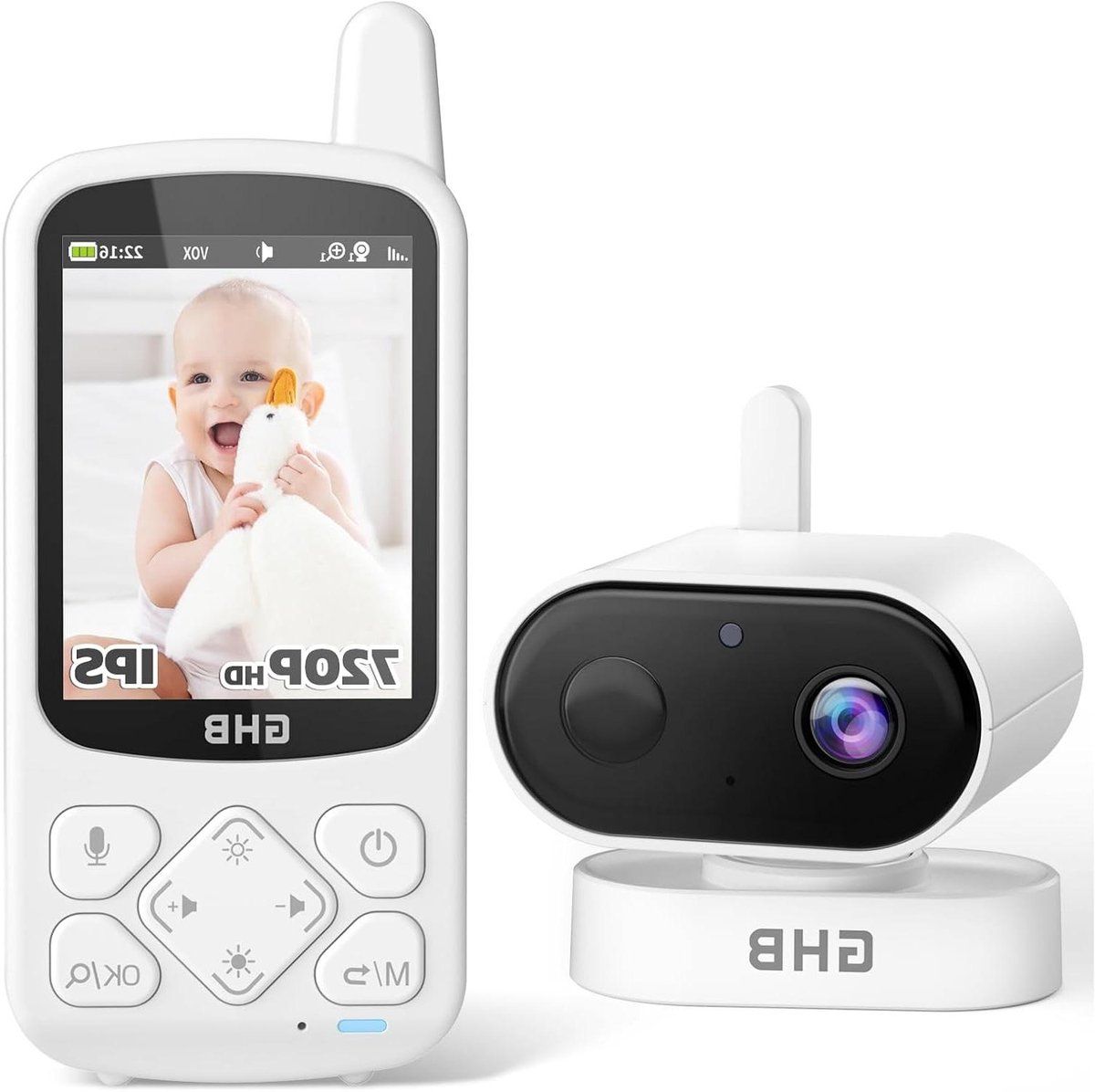 Babyfoon met camera - Kindermonitor - Baby in de gaten - 2.4 GHz draadloze technologie - 720p HD - Wit