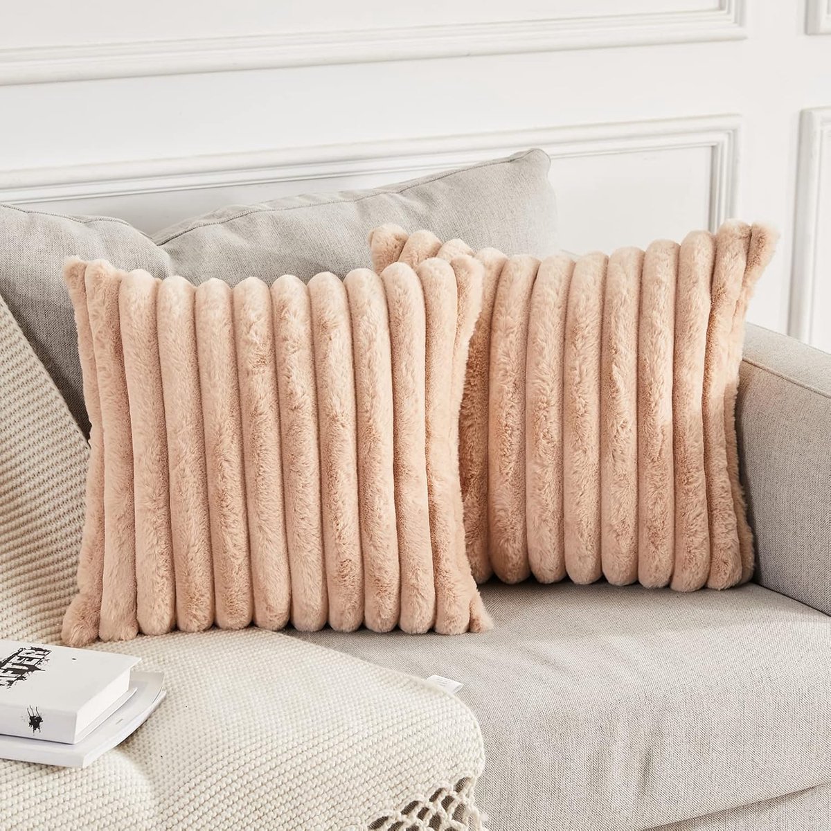 Set van 2, dubbelzijdige kunstbont pluche decoratieve sierkussenhoezen, pluizige gestreepte zachte kussenslopen voor bank, slaapkamer, kaki 45,7 x 45,7 cm
