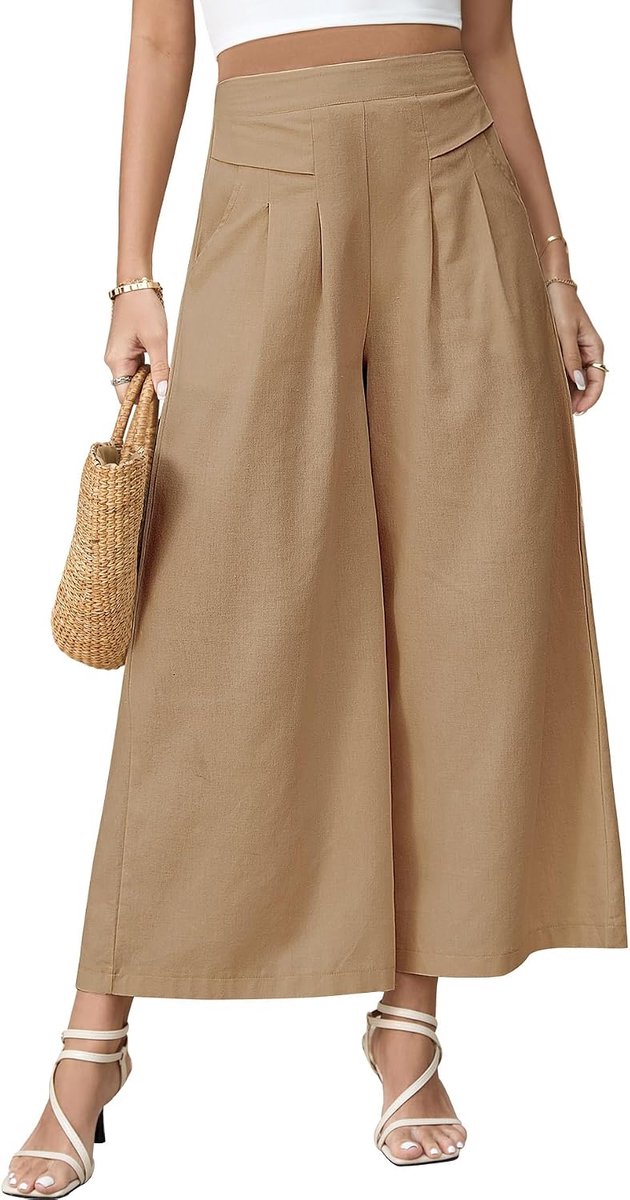 Wijde pijpen broek linnen broek elastische hoge taille broek met zakken effen kleur 7/8 broek casual uitlopende Palazzo Loose Fit Lounge Wear broek