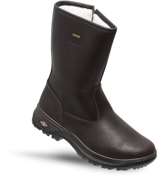 Botte en cuir marron avec fermeture éclair, doublure en fourrure et logos sur le côté.