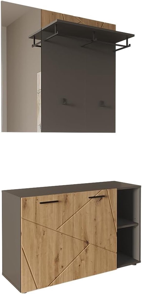 Garderobe Set - Kapstok met spiegel - Hal Organizer - Combinatiekast - 106 x 63 cm - Antraciet Artisan