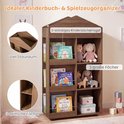 Boekenkast in huisvorm, bruin hout, met 6 vakken vol boeken en speelgoed.