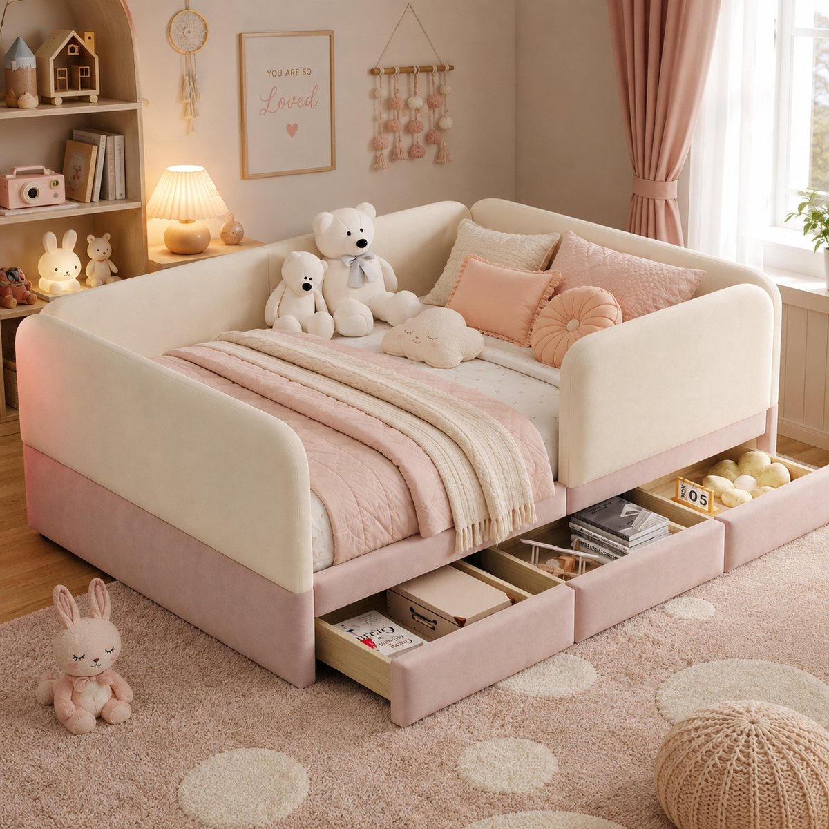 Kinderbed 140x200 cm - Tweepersoonsbed - Gestoffeerd bed - Opbergbed - Met veiligheidsreling - Met opbergruimte - Fluwelen stof - Stabiel & duurzaam - Zacht en comfortabel - Snel Gemonteerd - Roze