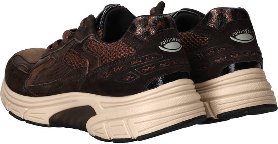 Achterkant van bruine Gabor Rollingsoft sneakers met bronzen panterprint detail.