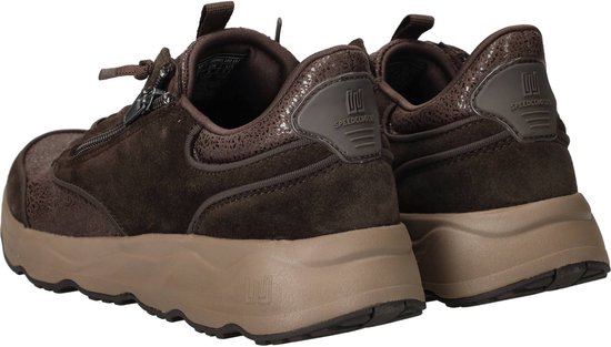 Hiel van bruine suède sneaker met Waldläufer Speedcomfort merklogo.
