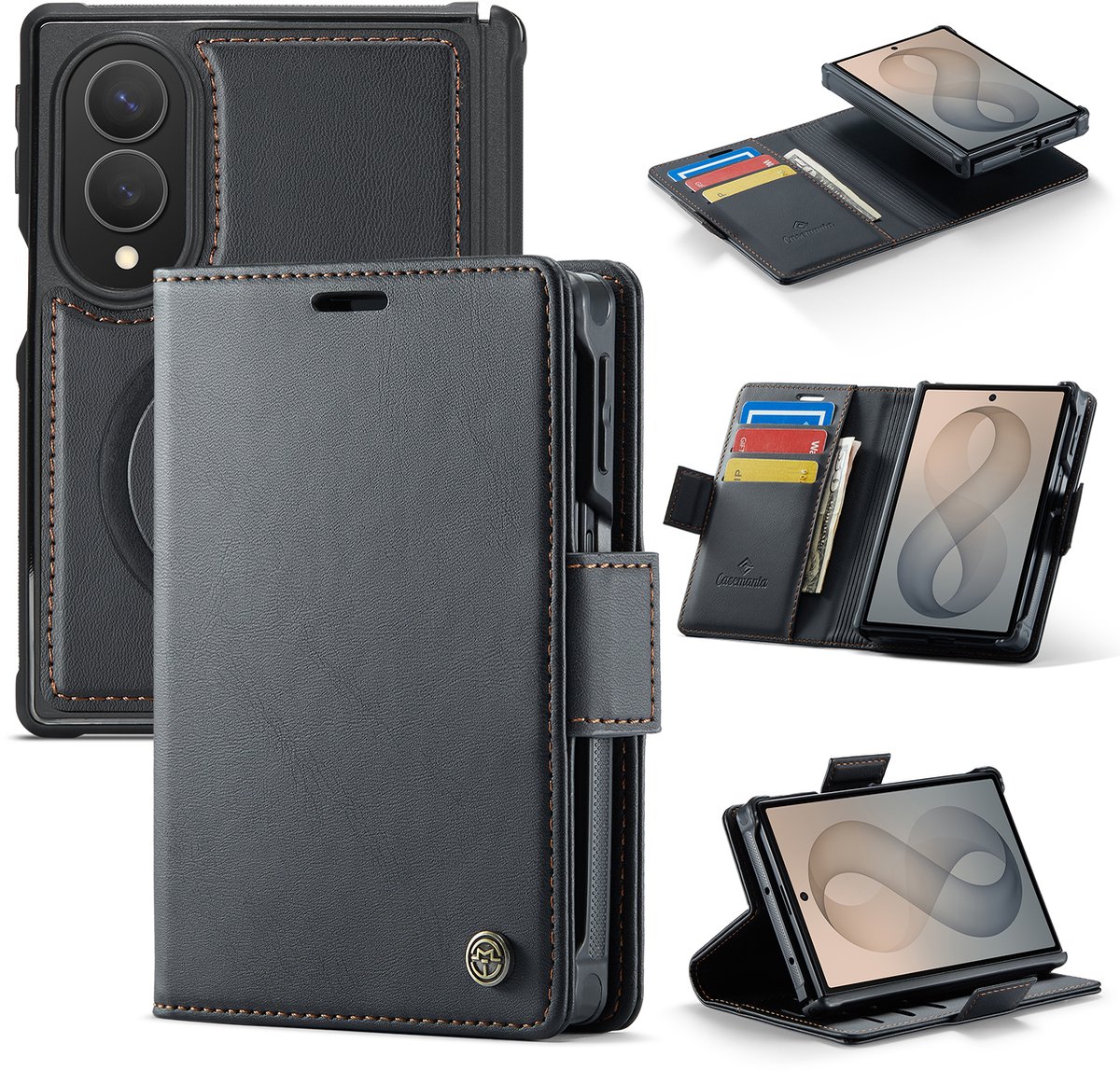 Casemania Hoesje Geschikt voor Samsung Galaxy Z Fold8 - Charcoal Gray - Kunstleer 2 in 1 Afneembare Bookcase - Geschikt voor MagSafe - Magnetische Telefoonhoesje met Pasjeshouder en Standaardfunctie