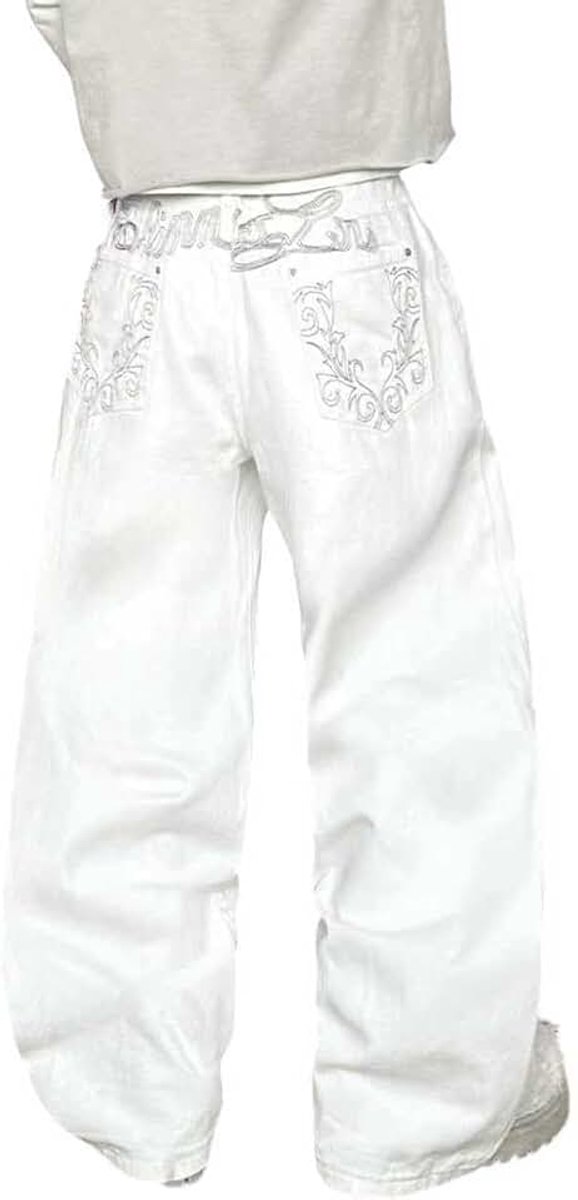 Jeans voor heren, baggy jeans met geborduurde zakken, wijde pijpen, losse pasvorm, casual denim broek, skater-streetwear