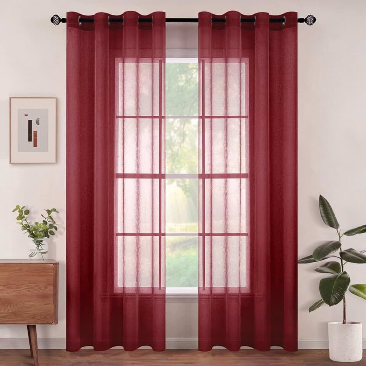 Set van 2 transparante gordijnen met ringen, semi-transparante binnengordijnen voor slaapkamer, woonkamer, huis, 140x245 cm, bordeauxrood