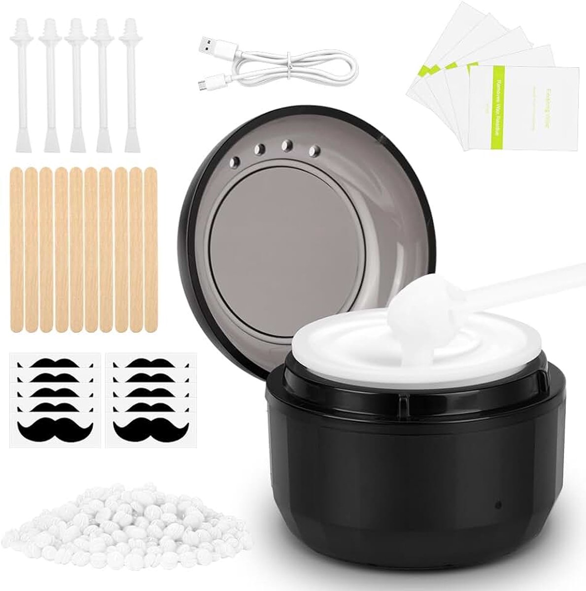 Neuswasset voor mannen en vrouwen met 50 g was, 5 x neusstaafjes, 5 x snorbescherming, 10 x applicators, mini-oorwarmers voor gezicht, benen, bikini (rond)