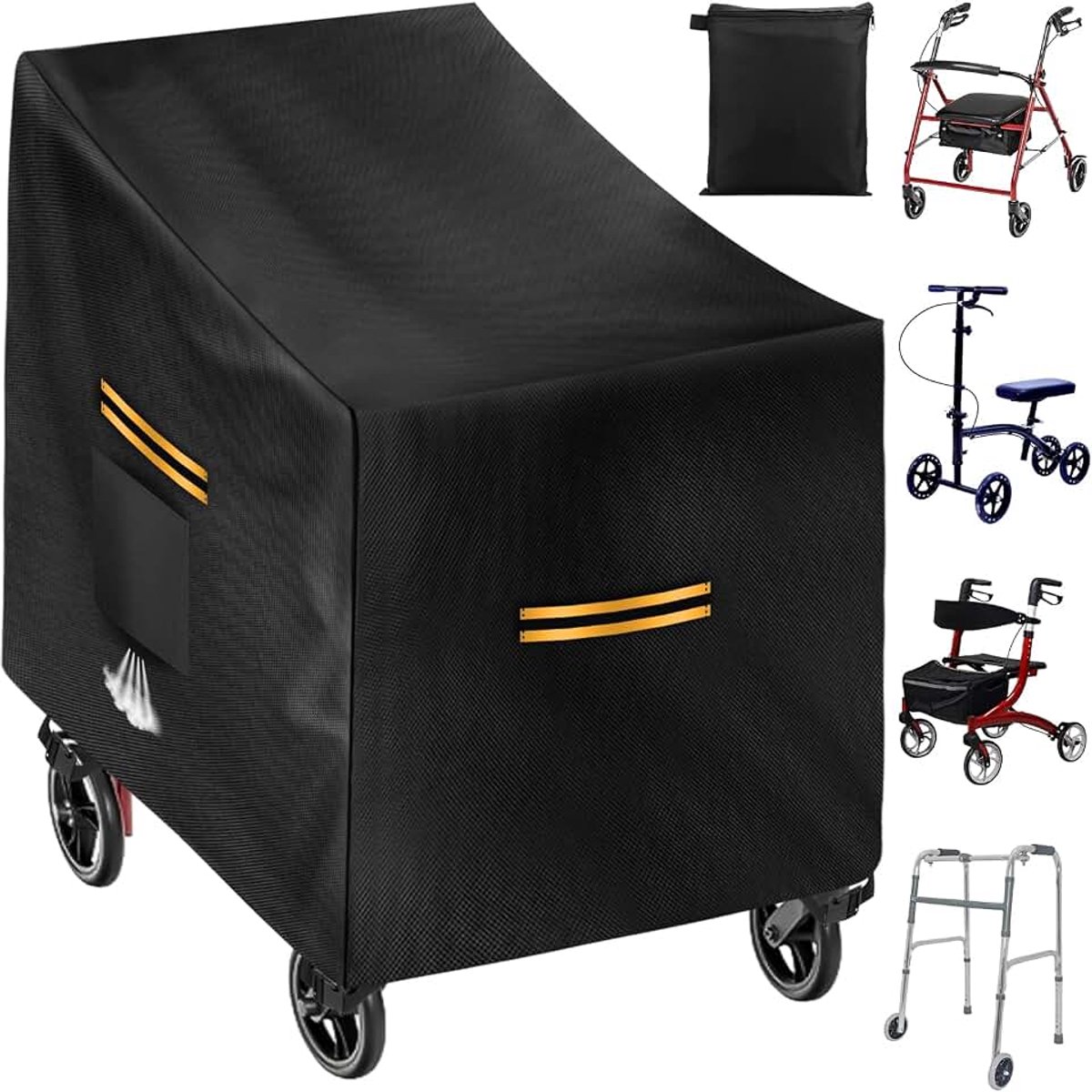Afdekking, waterdicht, 420d, met opbergtas, reflecterende strepen, gespen, rollatoraccessoires voor tuinwagens en rollatoren, zwart
