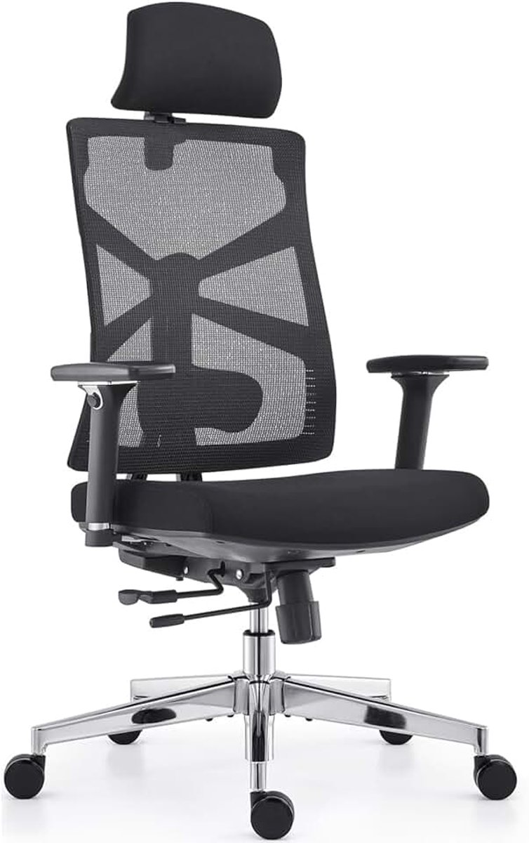 Ergonomische bureaustoel met adaptieve rugleuning, hoge rugleuning computerbureaustoel met 4D-armleuningen, verstelbare zitdiepte, lendensteun en 2D-hoofdsteun, draaibare taakstoel, zwart
