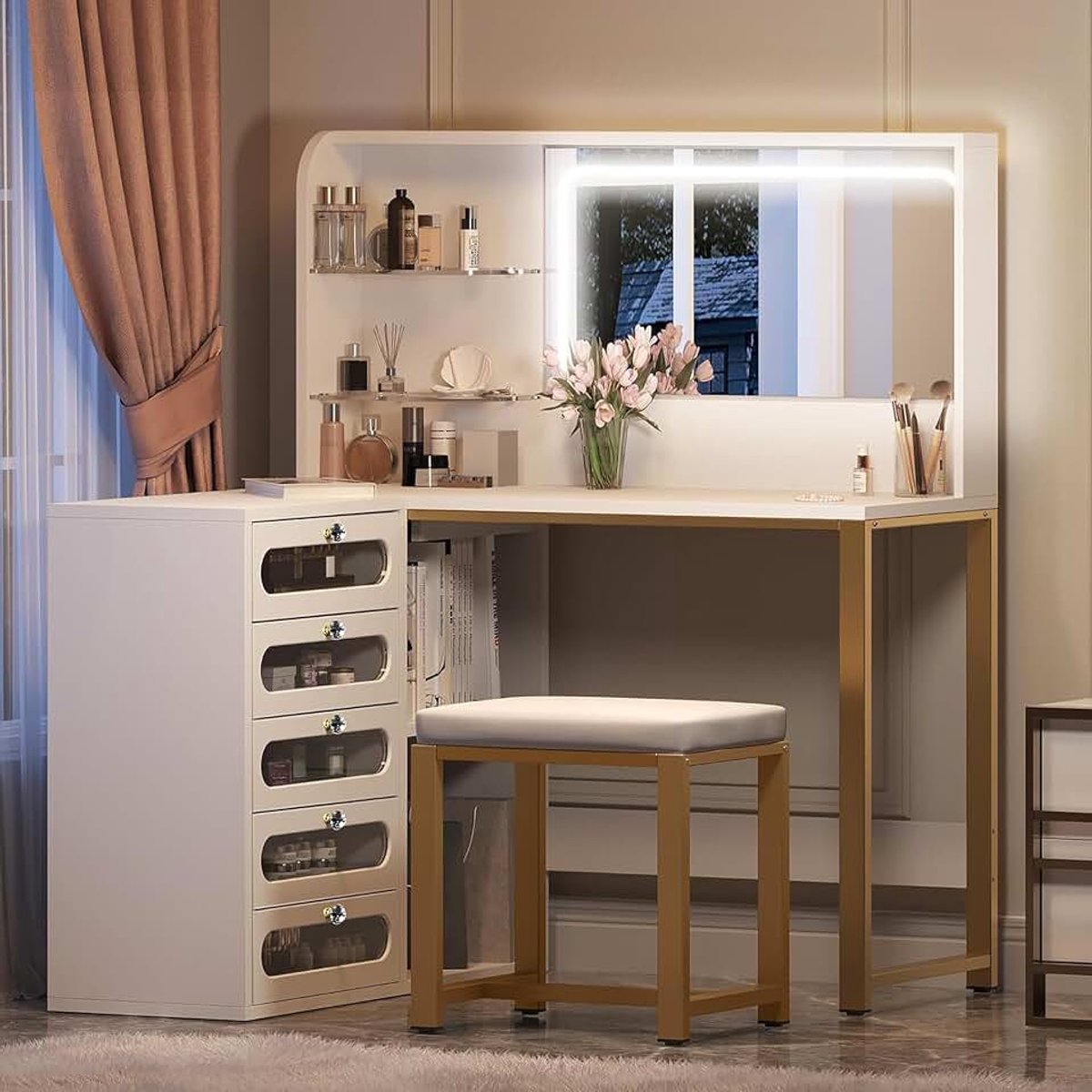 Hoekbureau, L-vormig bureau, computertafel, make-uptafel met ledverlichting, spiegel en 5 laden voor kantoor, werkkamer, make-uptafel voor dames en meisjes, wit