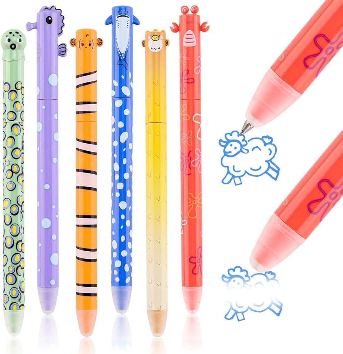 Gelpennen, uitwisbare gelpennen, uitwisbaar, set van 6, dierenpennen met 0,7 mm blauwe thermische inkt, wegwisbare pennen voor school, kantoor, notities, schrijven
