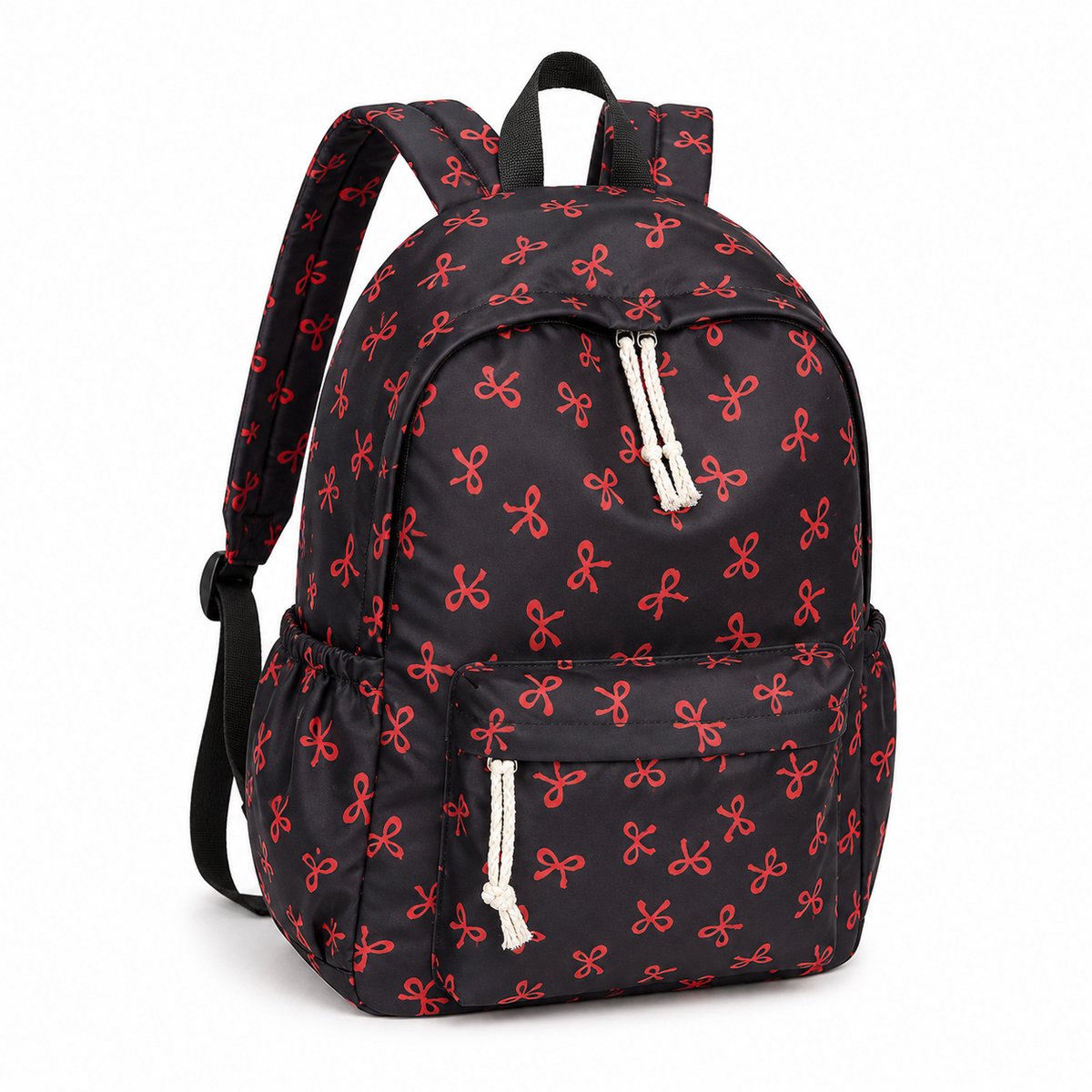 Rugzak voor meisjes - Schoudertas voor kinderen - Laptoptas voor basisschool- en middelbare scholieren - Rugzak met strik - Cadeau voor meisjes - Zwart en rood