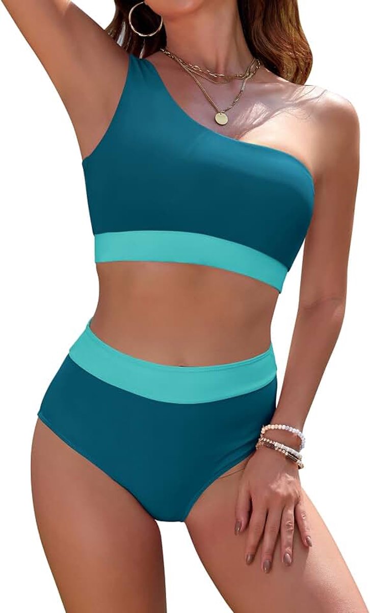 Gevoerde bikini set dames hoge taille buikweg volledige bedekking tweedelig badpak één schouder badmode zwempak voor vrouwen