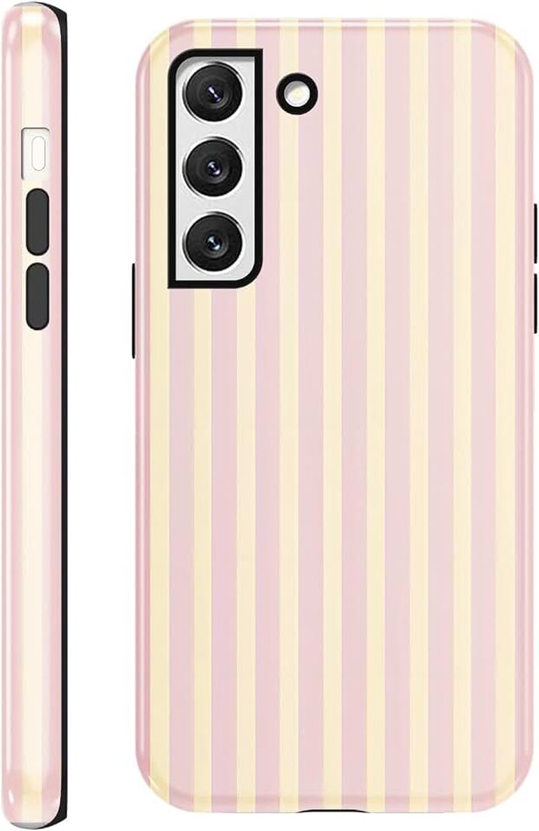 2 in 1 Zomer Hoesje voor Samsung Galaxy S22 5G 6.1 inch, Aesthetisch Roze en Geel Streepmotief, Fijn Siliconen TPU Beschermhoesje voor Meisjes, Anti-Schok, Anti-Kras Beschermhoesje