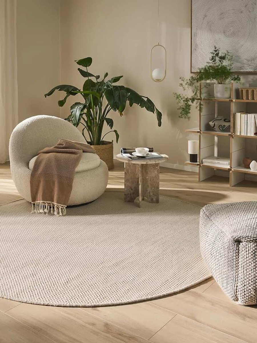 Benuta Pure Wolvloerkleed Rocco - Beige/Zwart 250 cm rond - Handgeweven - rond & in stijl: Wol, Uni, Natural Living - Minimalistisch - Gemakkelijk te onderhouden voor woonkamer slaapkamer