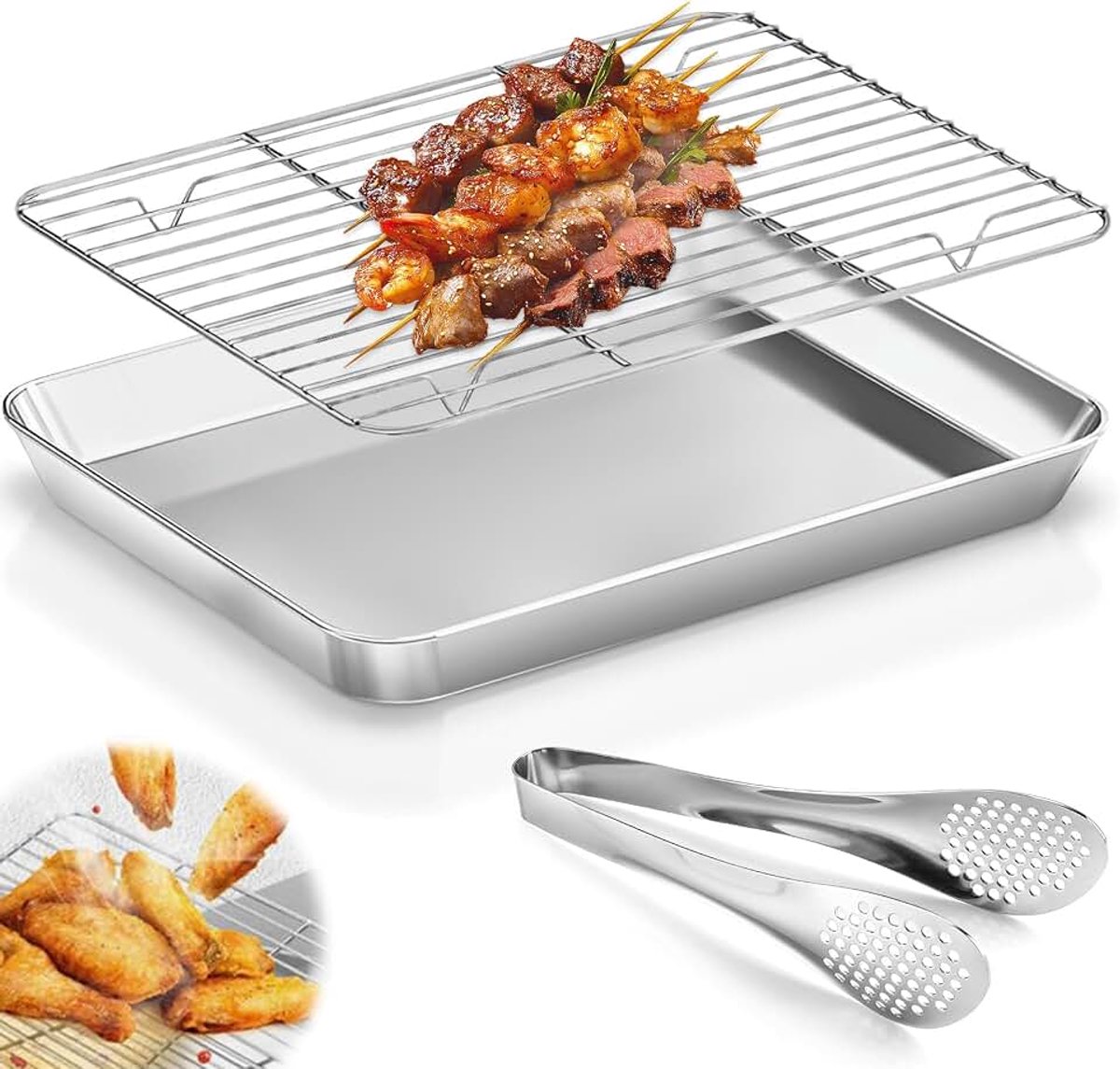 Bakplaat met koelrek en keukentang, roestvrijstalen rechthoekige koekjespan voor koken serveren, vaatwasmachinebestendig en gemakkelijk schoon te maken ovenplaat voor brood/koekjes/vlees koken (40,5 x