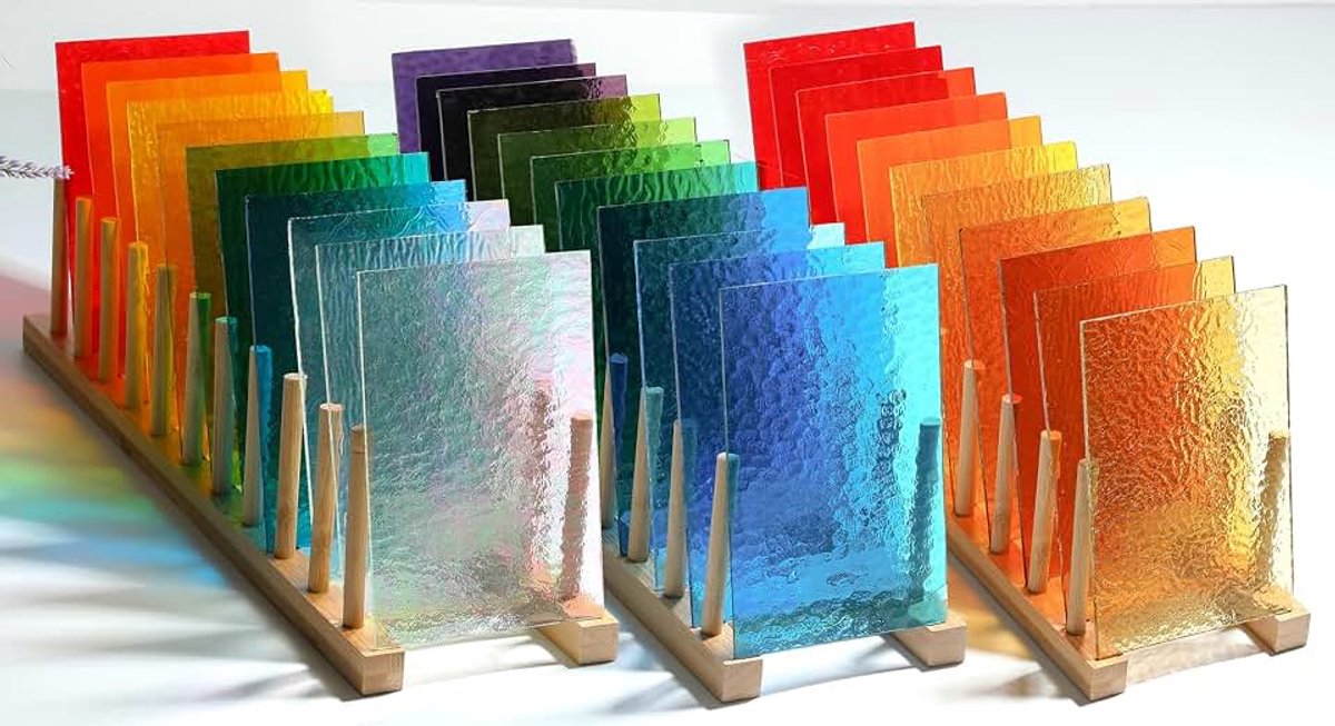 26 vellen transparante glas-in-lood vellen packs voor kunstambachten, getextureerde heldere kleurvariatie doorschijnende kathedraal kunst glasplaten voor mozaïekglas doe-het-zelf projecten, 10