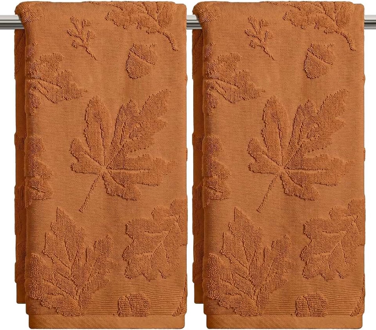 Mode Set van 2 caramel 3D dennenappels esdoornbladeren herfst 100% katoenen handdoeken, 35 x 75 cm jacquard absorberend badkamer decoratie badhanddoek