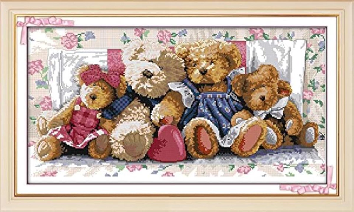 Kruissteekset om zelf te maken: compleet assortiment voorgedrukte startersets voor beginners - berenfamilie (1) 54 x 31 cm