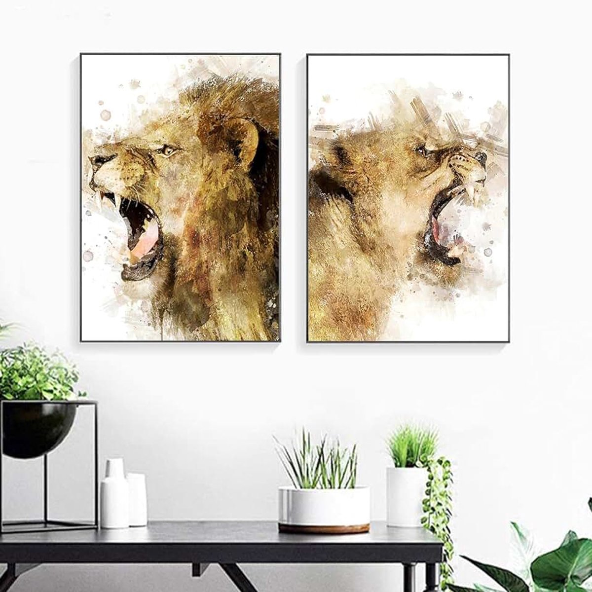 Foto's Wandkunst - Dier Mannelijke Leeuw en Leeuwin Gouden Posters Wandkunst voor Woonkamer Gang Decoratieve Prints Foto's 42x60cmX2 Frameloos