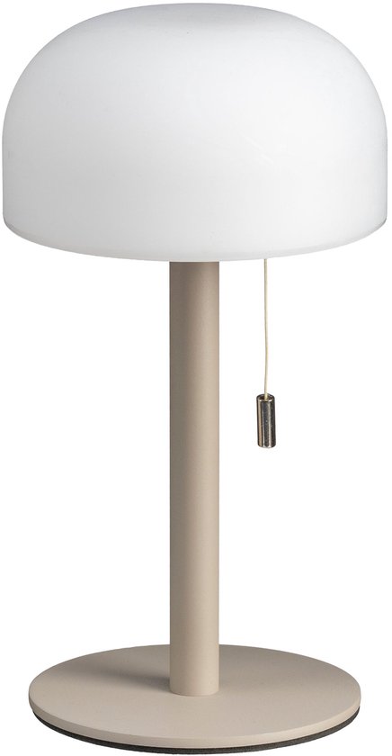 Lampe de table sans fil taupe avec base ronde et abat-jour blanc laiteux.