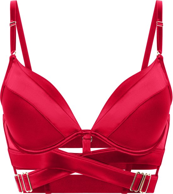 Rode beugelbeha met straps en goudkleurige gespen.