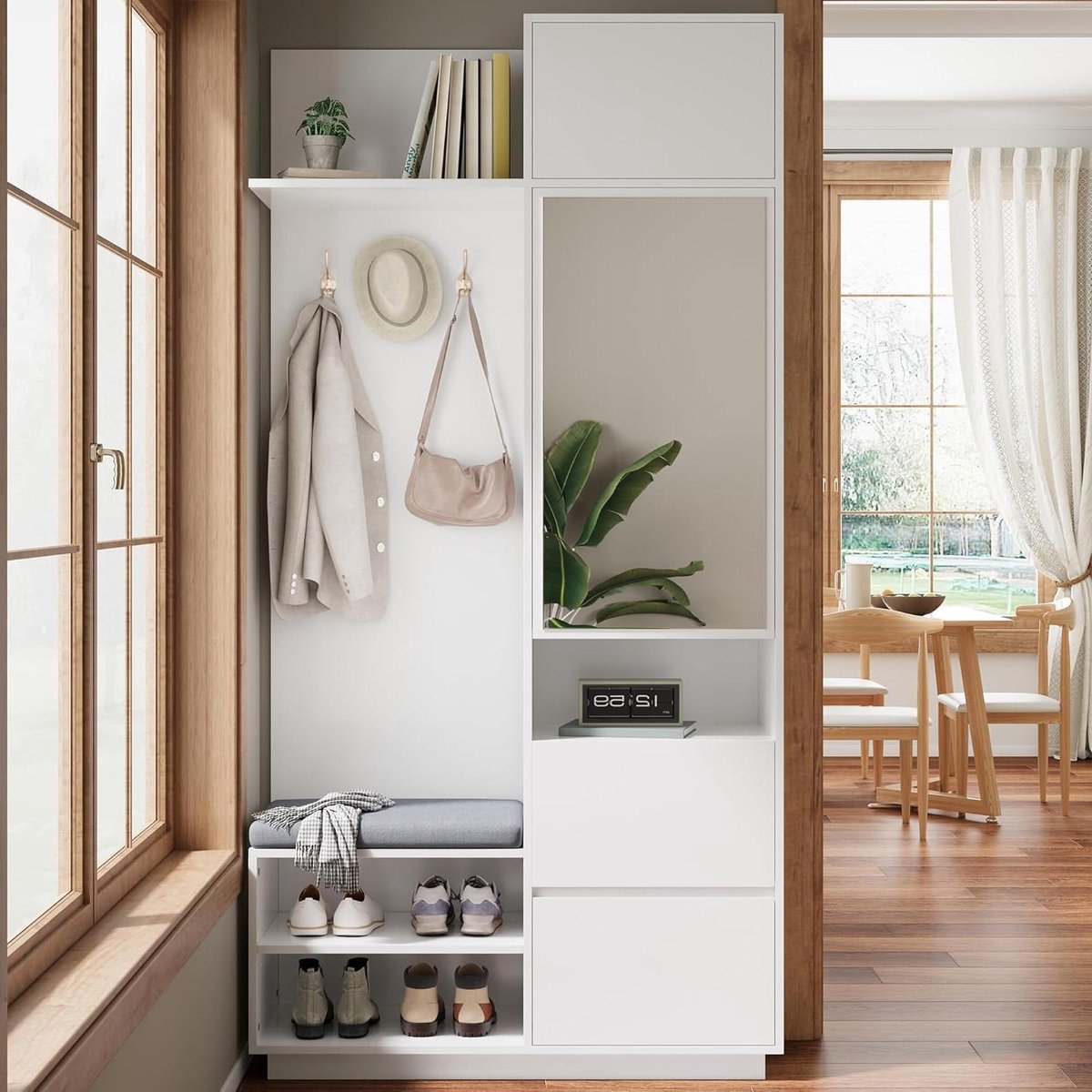 Garderobe met spiegel - Halmeubel set - Entree organiseren - Multifunctioneel meubel - 90x34.5x190cm - Wit