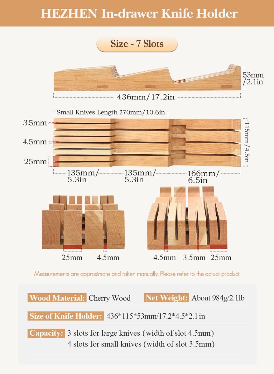 Messenhouder voor lade - Kersenhout - Houten messenorganizer - Ruimte voor 7 messenopslag - SnelShoppen