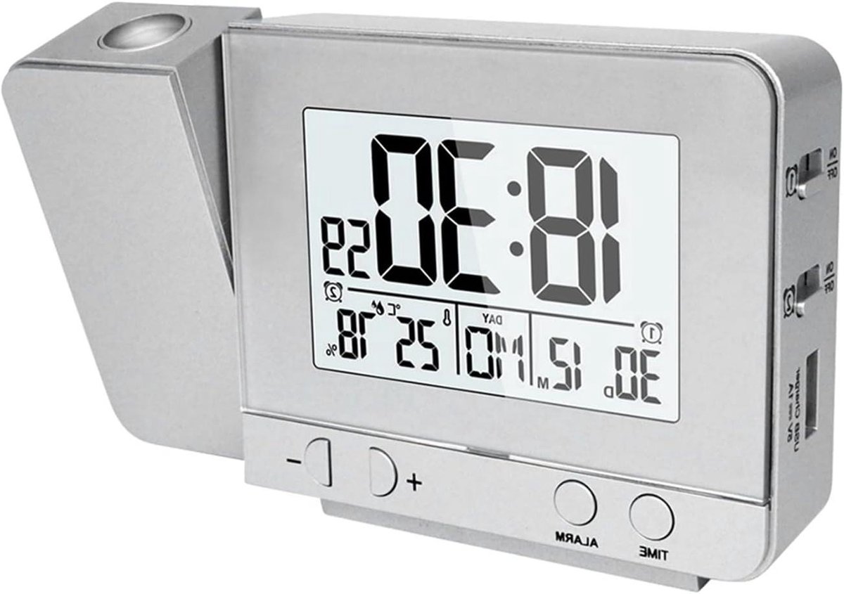 Projectie Wekker - Digitale Klok Thermometer - Wakker Worden - 180 Graden Projectie - 4 Niveaus Helderheid - Zilver