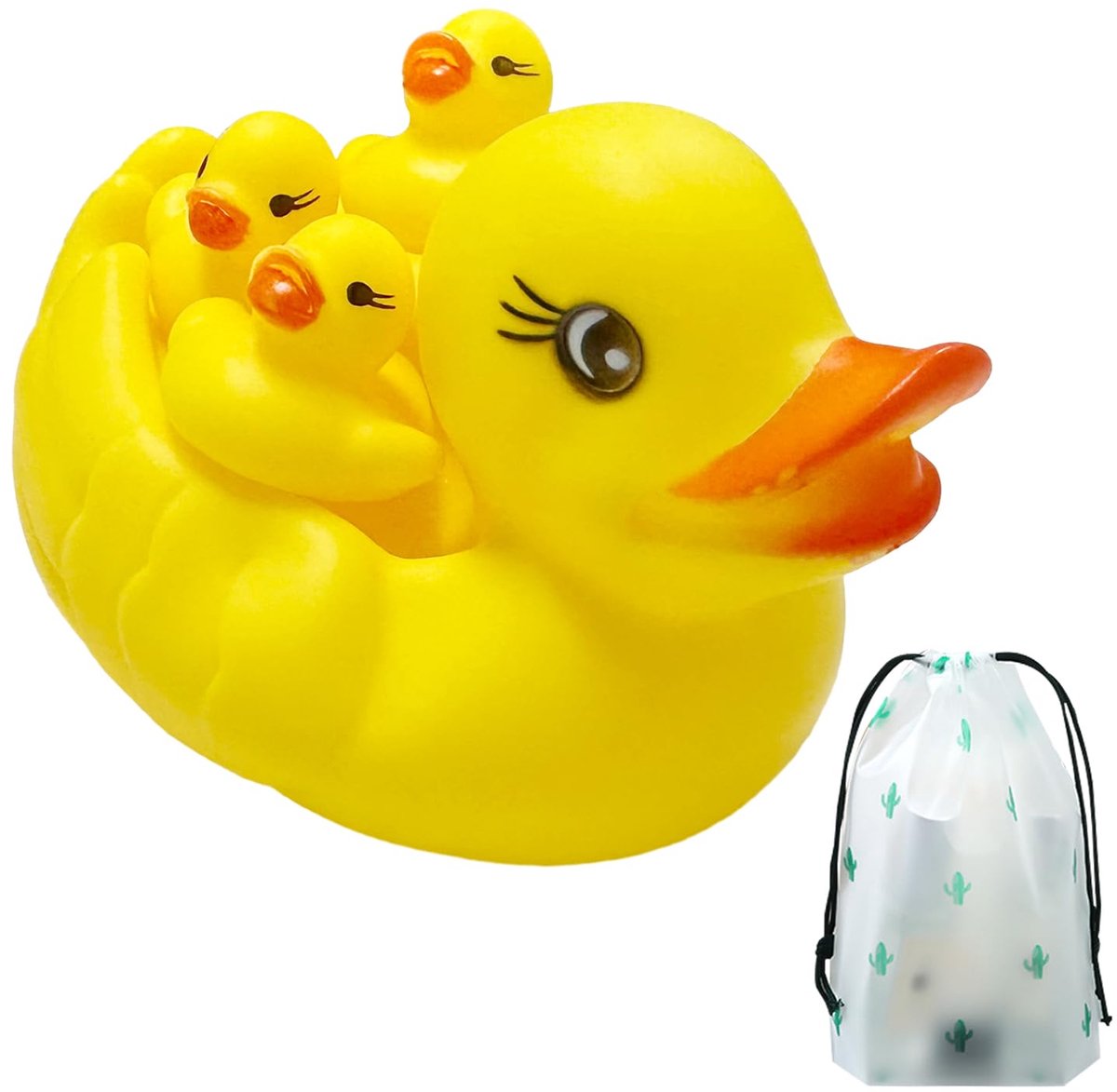 4-delig babybadspeelgoed van rubberen eend met 1 opbergtas met trekkoord, zwevende eend voor het zwembad thuis, klassieke rubberen eendenspeelgoed voor de badkamer, eendenspeelgoedset