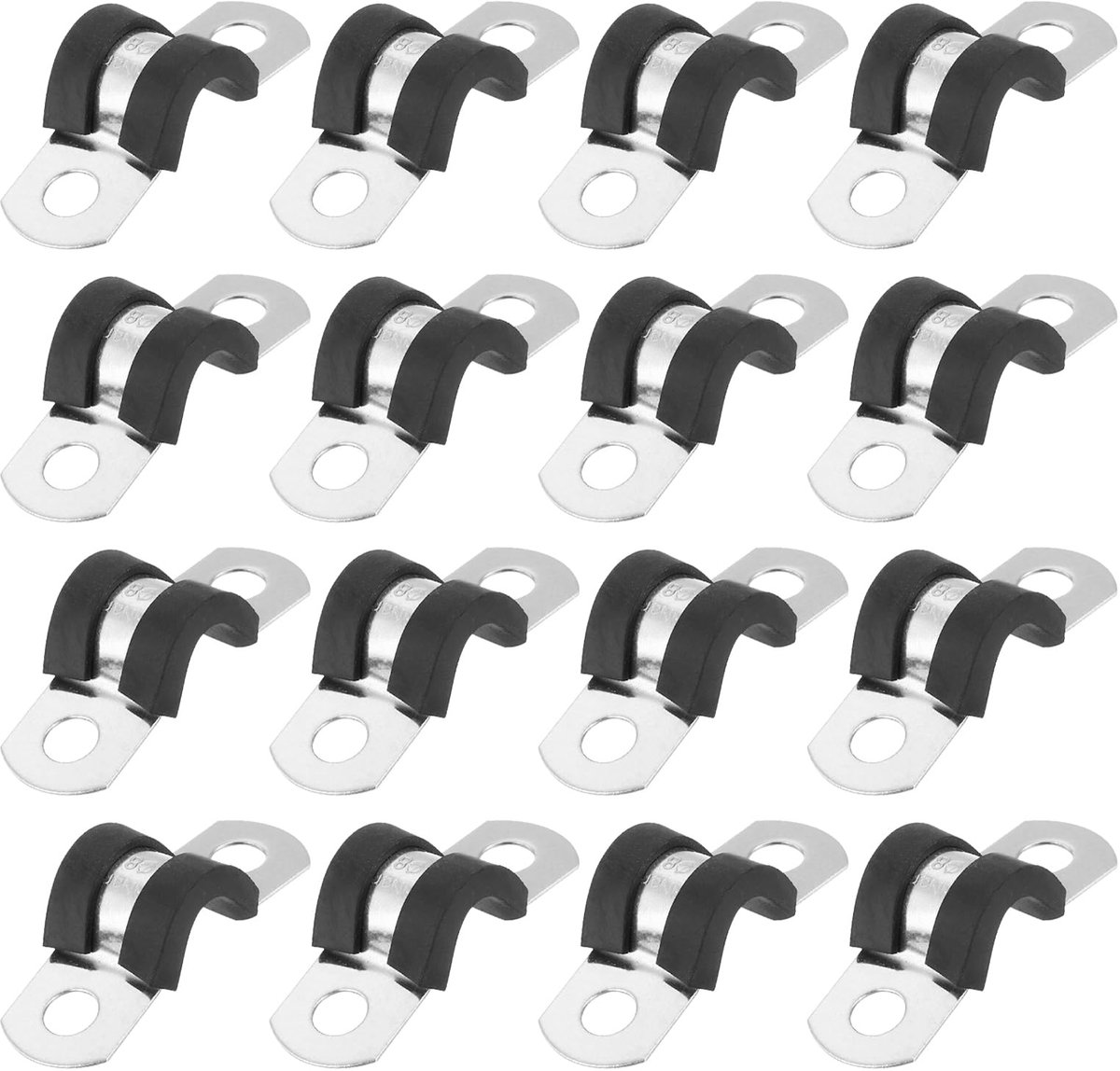 16 stuks kabelklemmen, 8 mm, metalen buishouders voor gedempte U-buisklem, rubber, roestvrij staal 304, voor buizen, bedradingsbevestiging