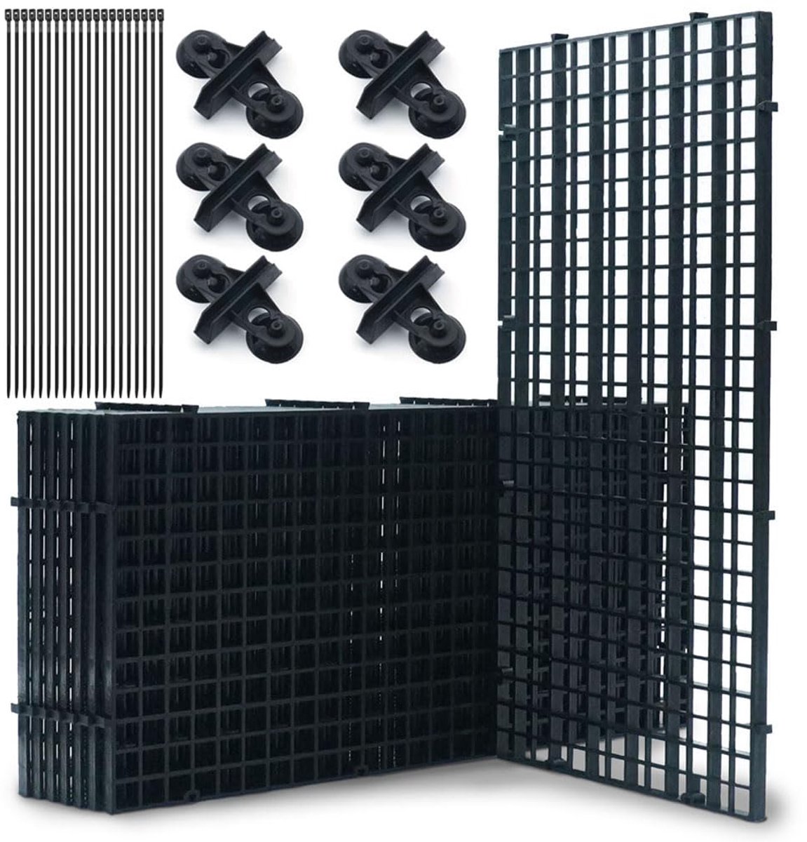 Aquarium-scheidingswandset voor aquaria, 8 stuks, 15 x 30 cm, kunststof rooster met 6 zuignapclips en 20 kabelbinders, eierkist voor visisolatie (zwart)