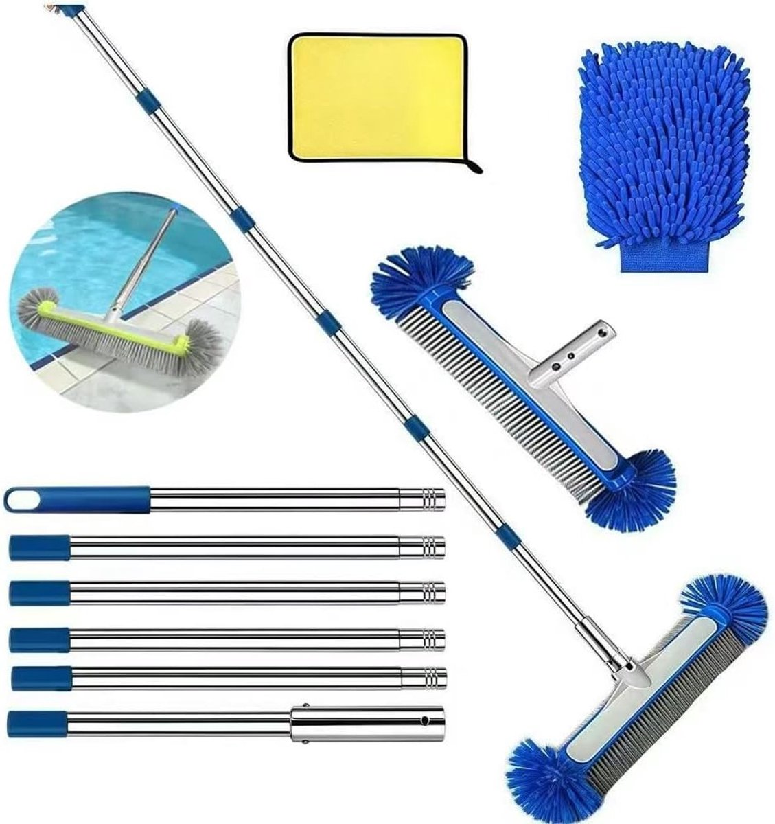 Zwembadborstelset, zwembadborstels, reinigingsborstel met telescoopstang 230 cm, zwembadreinigerborstel 45 cm, zwembadreinigingsborstel, zwembadborstelset voor zwembadreiniging met reinigingsdoek en