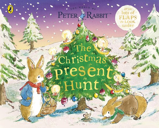 Peter Rabbit en zijn vriendjes bij een kerstboom. Twee konijnen, een muis, met de tekst 'The Christmas Present Hunt'.