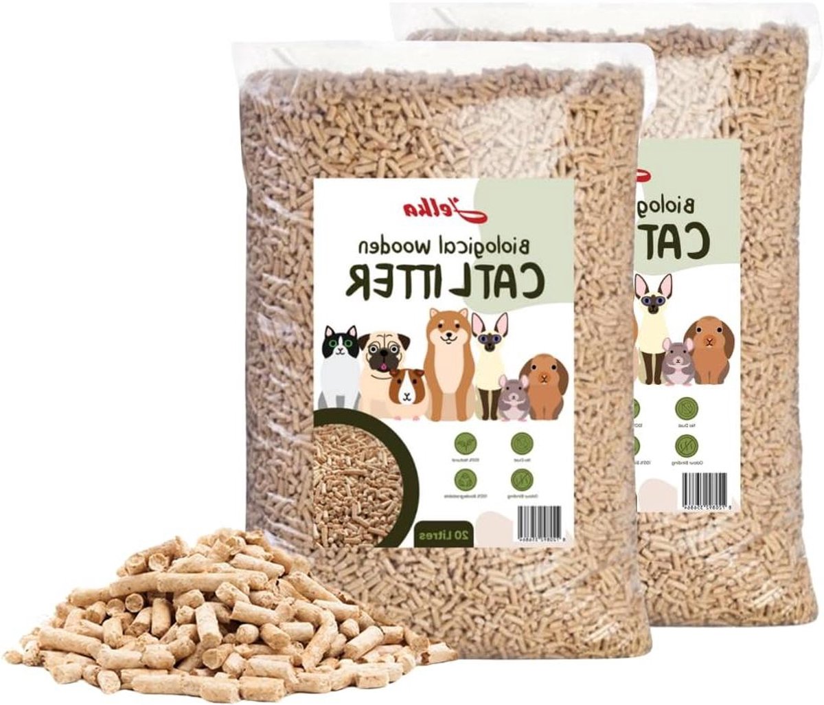Kattenbakvulling Houtkorrels - Natuurlijk Absorberend - Hygiënisch Huisdier - Stofvrije Formule - 2 x 10 kg - Houtkleur