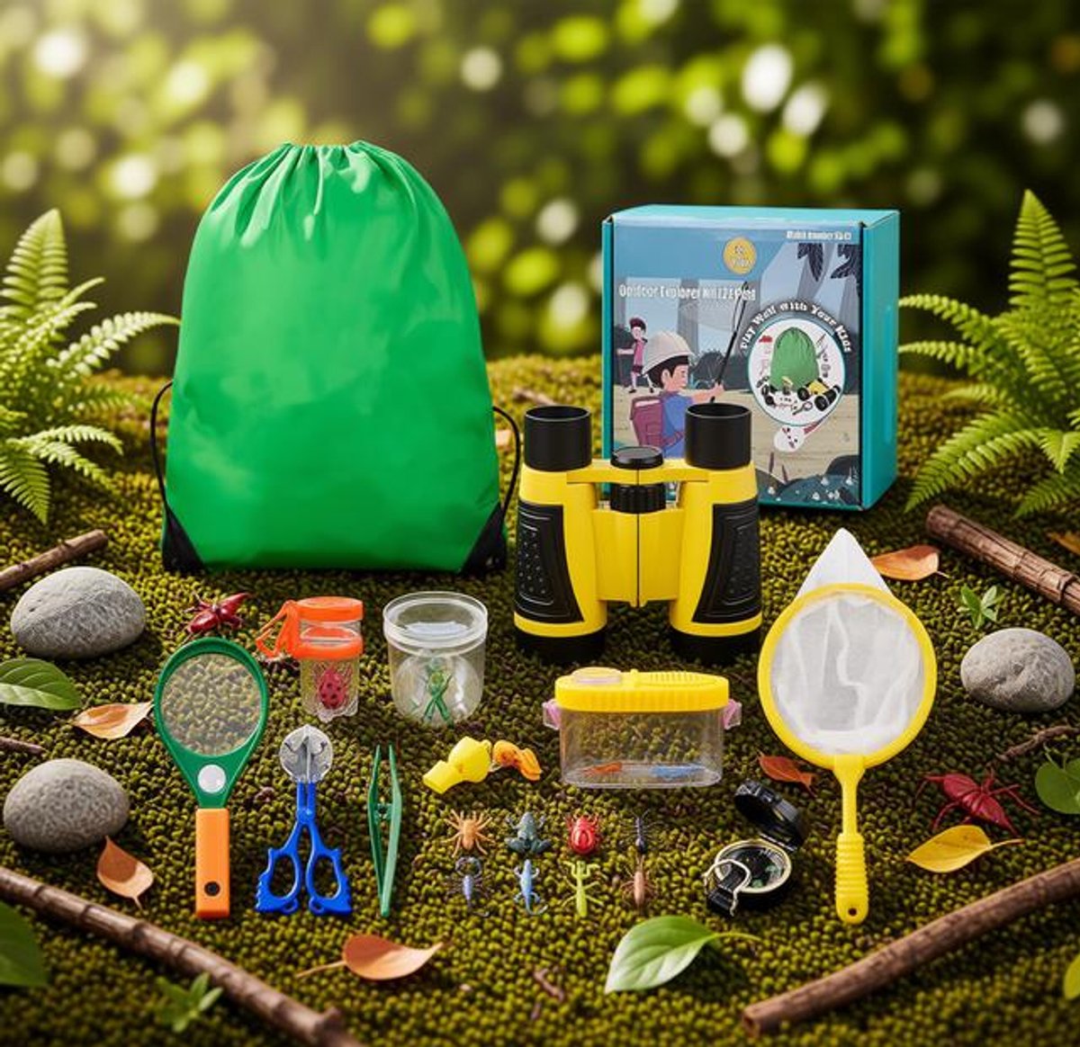 Kizplays Onderzoeksset voor kinderen - 22-delige ontdekkingsreisset met verrekijker 4x30, insectenvanger, kompas, bekerloep en microscoop - Natuurverkenning en avontuur voor buiten