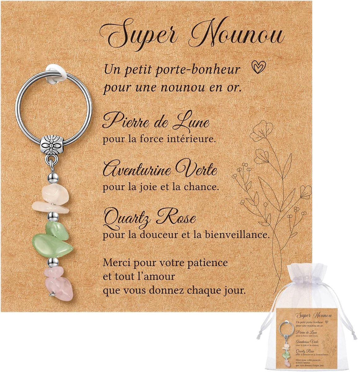 Oppas Cadeauset Sleutelhanger Steen Betekenis Kaart Kraft Super Nounou Witte Organza Zak Cadeau voor Oppas Afscheid Verjaardag Kerstmis Kinderoppas Verzorgster Vrouw