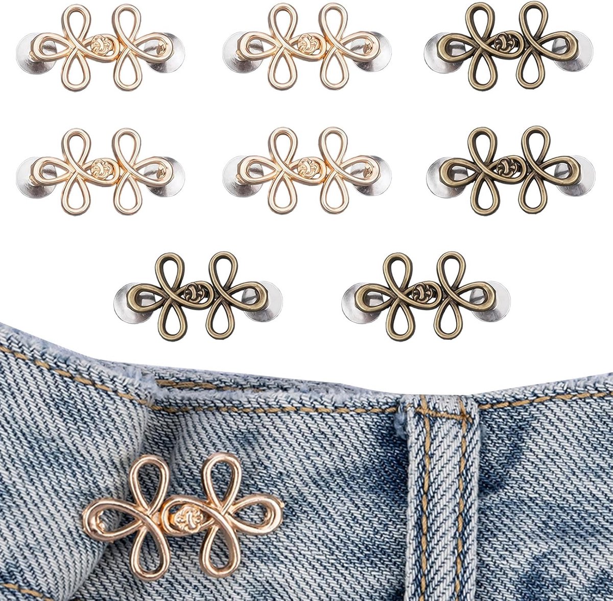 8 paar Broek strakker maken Clip, Jeans Knoop Stift Knoopnaalden, Verstelbaar en Geen Naad Broek Taille Strak, voor Broeken Jeans Dames Rok (Goud/Antiek Brons)