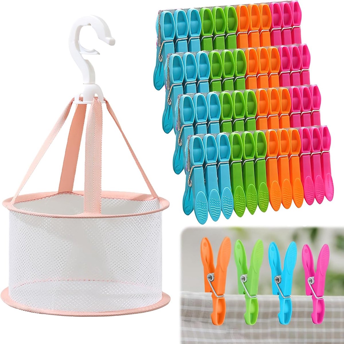 Wasknijpers met Mand, Sterke Plastic Wasknijpers, Antislip Wasknijpers voor Kleding, Handdoeken en Sokken, Windbestendige voor Binnen en Buiten (Roze)
