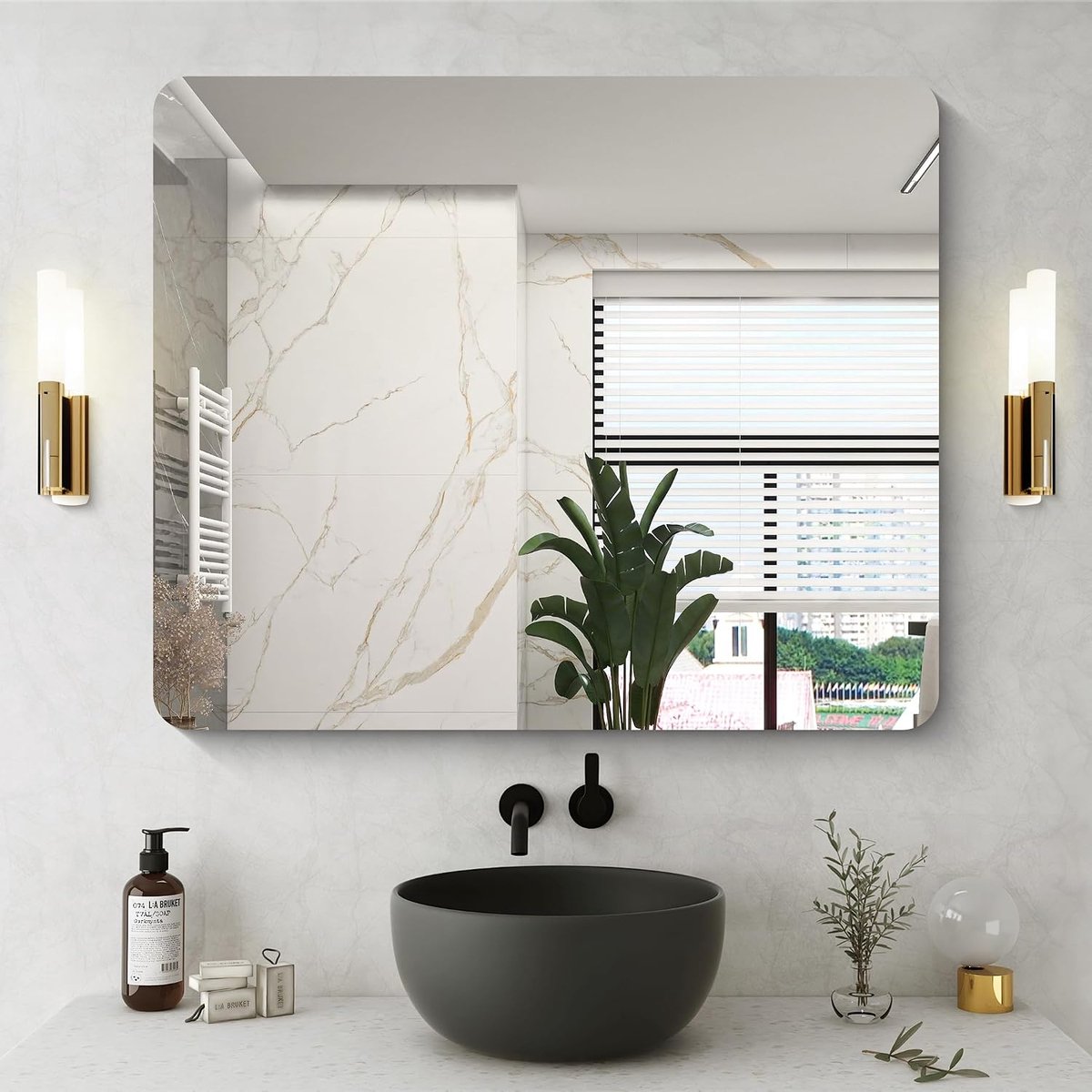 wandspiegel, 90x75 cm, rahmenlos, badkamerspiegel met afgeronde hoeken, rechthoekige spiegel voor badkamer, slaapkamer, woonkamer, kan horizontaal of verticaal worden opgehangen