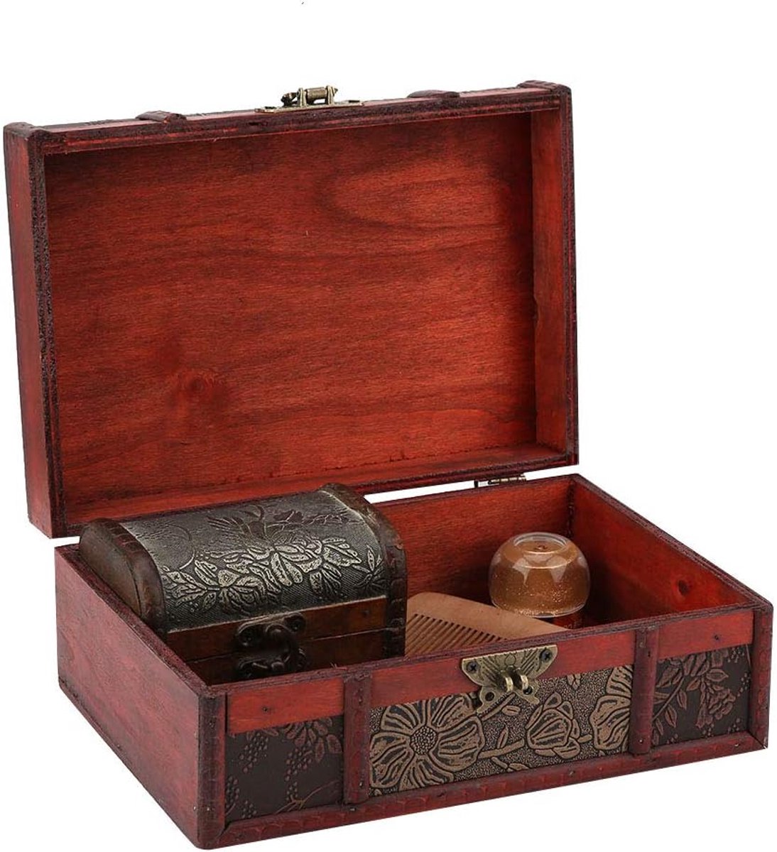 Houten Opbergdoos Klein Formaat Sieraden Organizer Boek Retro Opbergdoos Vintage Decoratieve Houten Sieraden Doos Sieraden Schatkist(Lotus met slot)