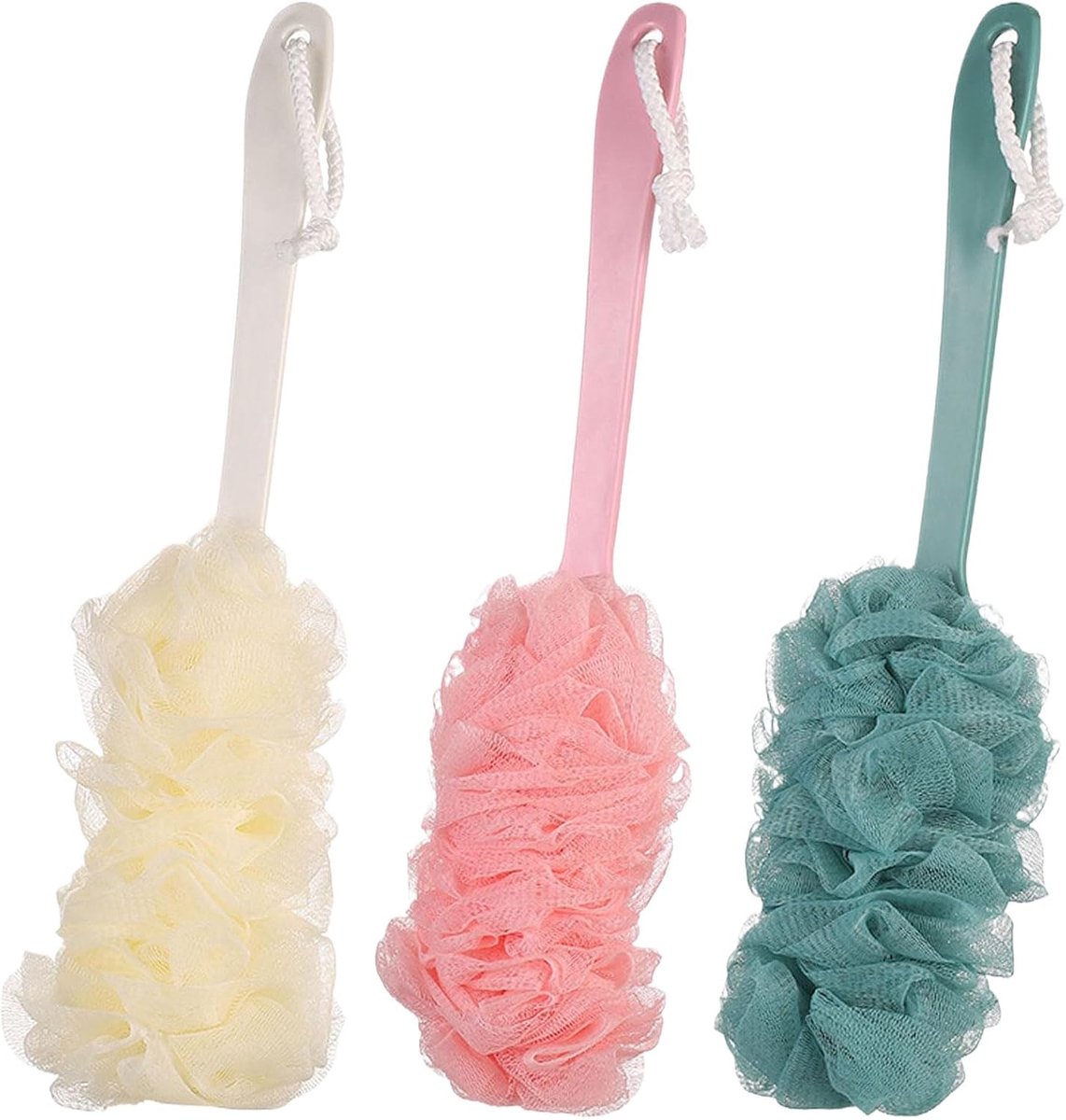 3-delige set rugborstelschrobber voor de douche, loofah, lange steel badborstel, douche lichaamsborstels, rugborstel douche spons, rugschrobber met lange steel loofah voor exfoliëren en