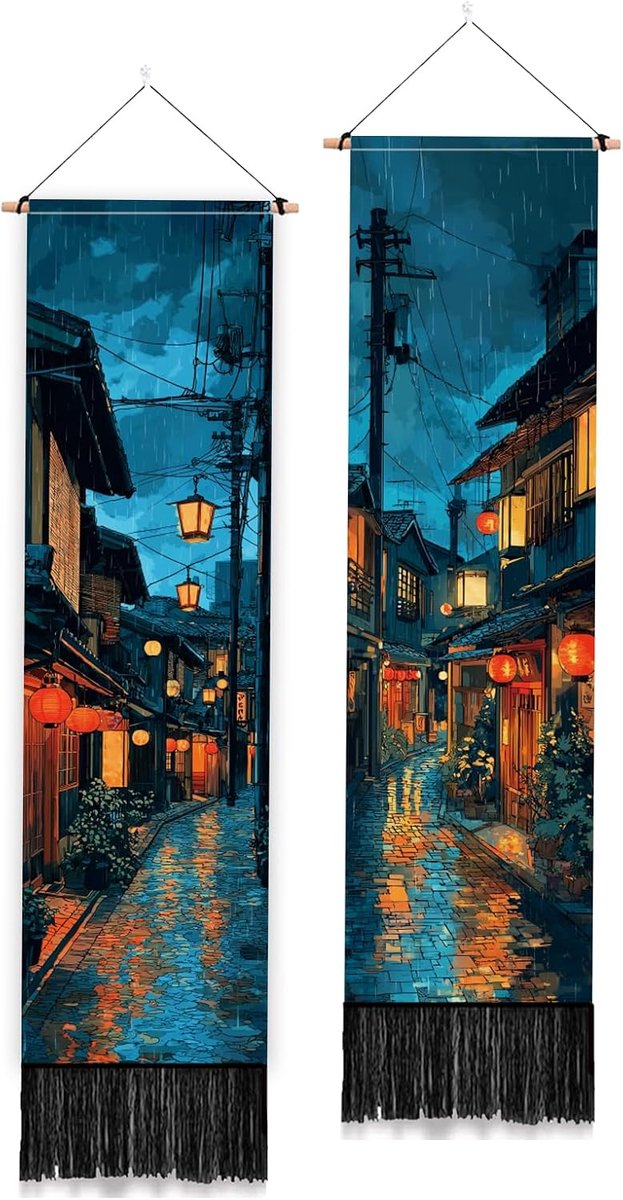 2-delige set Japanse straat verticale wandtapijt, retro Japanse nachtstijl lang wandtapijt esthetisch wandhanger met kwastjes voor slaapkamer woonkamer badkamer huis kunstdecor