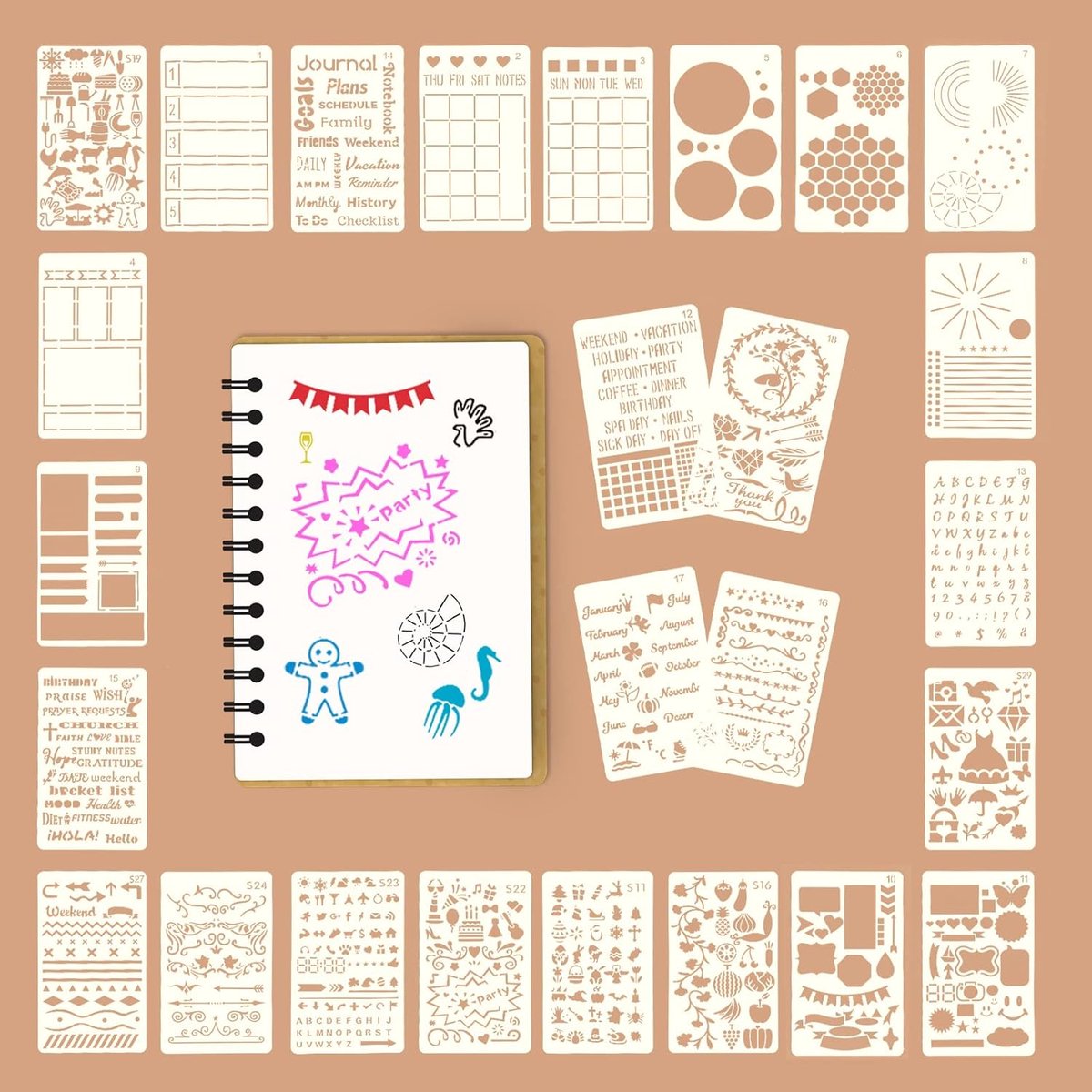 Sjablonenset dagboek - herbruikbaar - 26 stuks - ideaal voor bullet journal - SnelShoppen