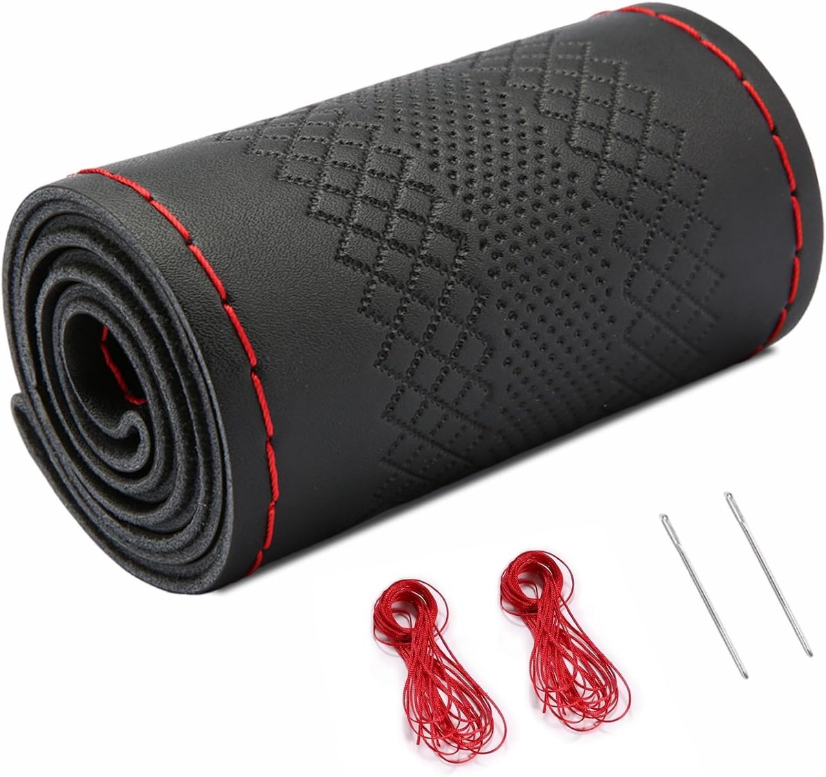 leren stuurhoes, stuurhoes voor vrachtwagens, om op te naaien, universele pasvorm, 37-39 cm, autowielen, antislip met naald en draad, met de hand genaaid, ademend rundleer (rood, lijn)